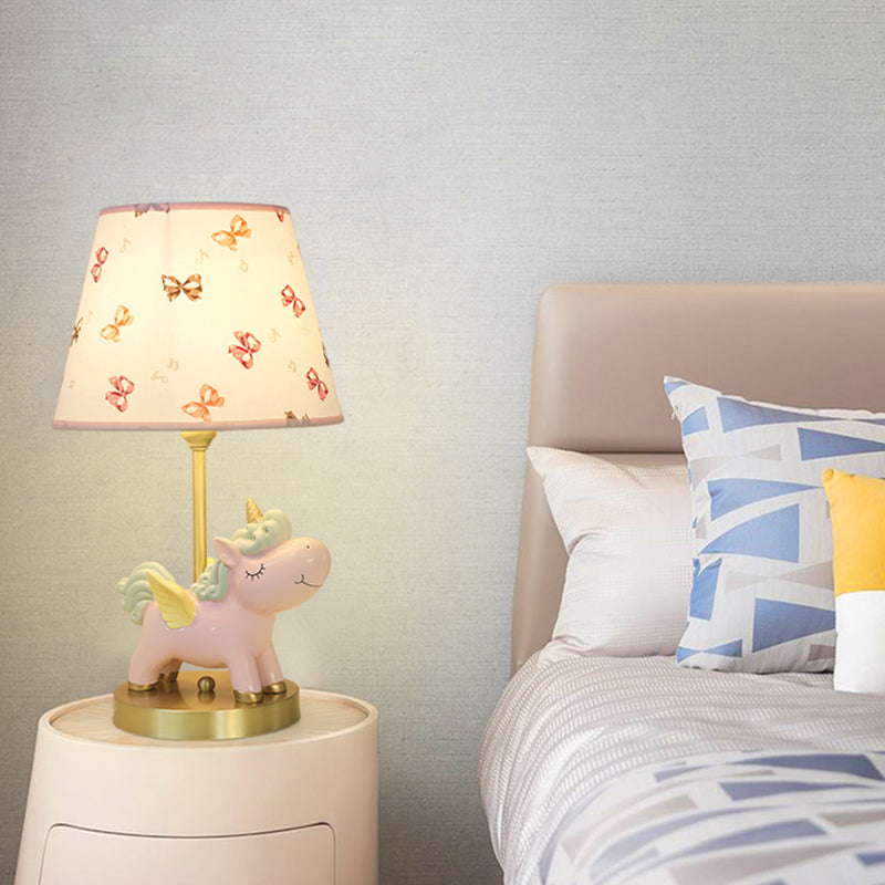 Tapered Bedside Table Light Fabric Single Cartoon Nightstand Lighting with Unicorn Decor