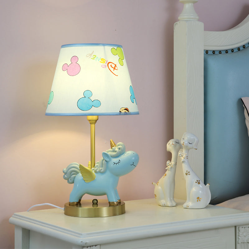 Tapered Bedside Table Light Fabric Single Cartoon Nightstand Lighting with Unicorn Decor