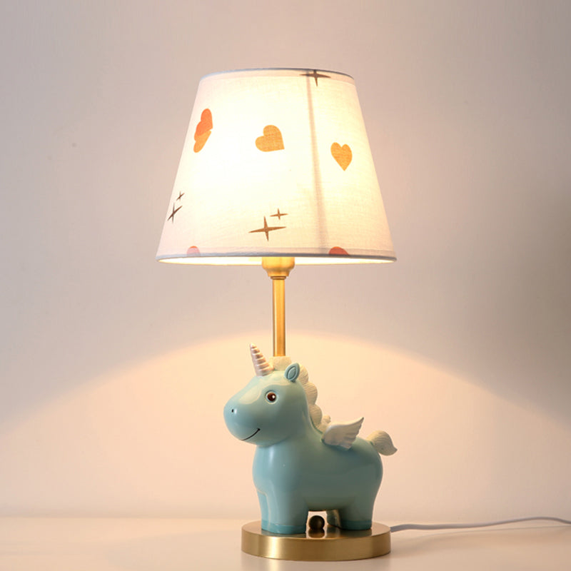 Bucket Table Lighting Kids Patterned Fabric 1-Light Nursery Nightstand Lamp with Resin Unicorn