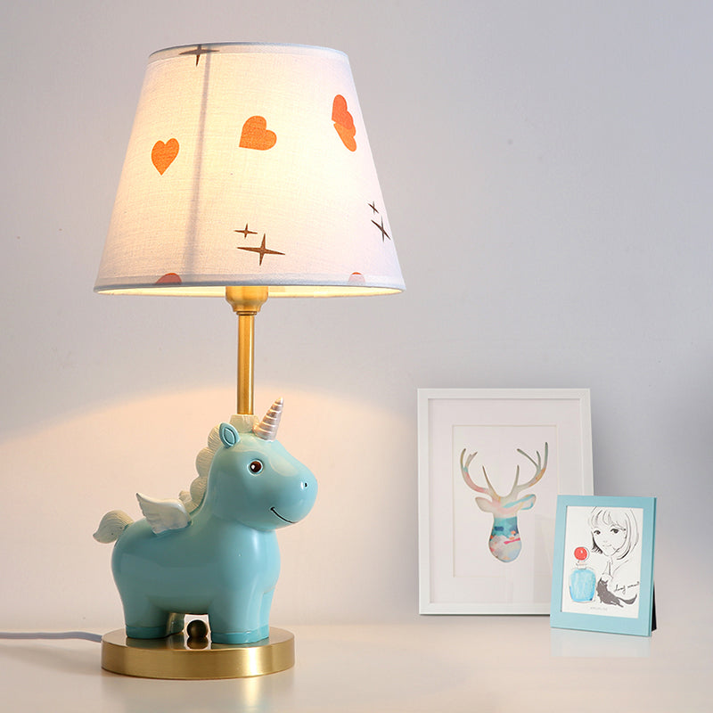 Bucket Table Lighting Kids Patterned Fabric 1-Light Nursery Nightstand Lamp with Resin Unicorn