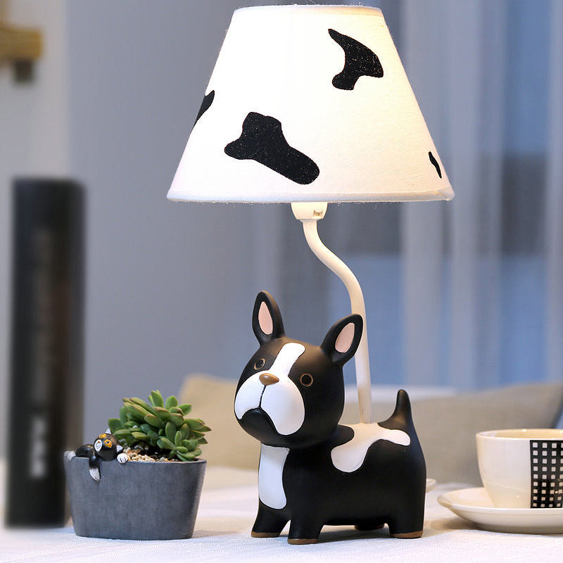 Resin Dog Nightstand Lamp Cartoon 1 Bulb Black and White Table Lighting with Empire Shade