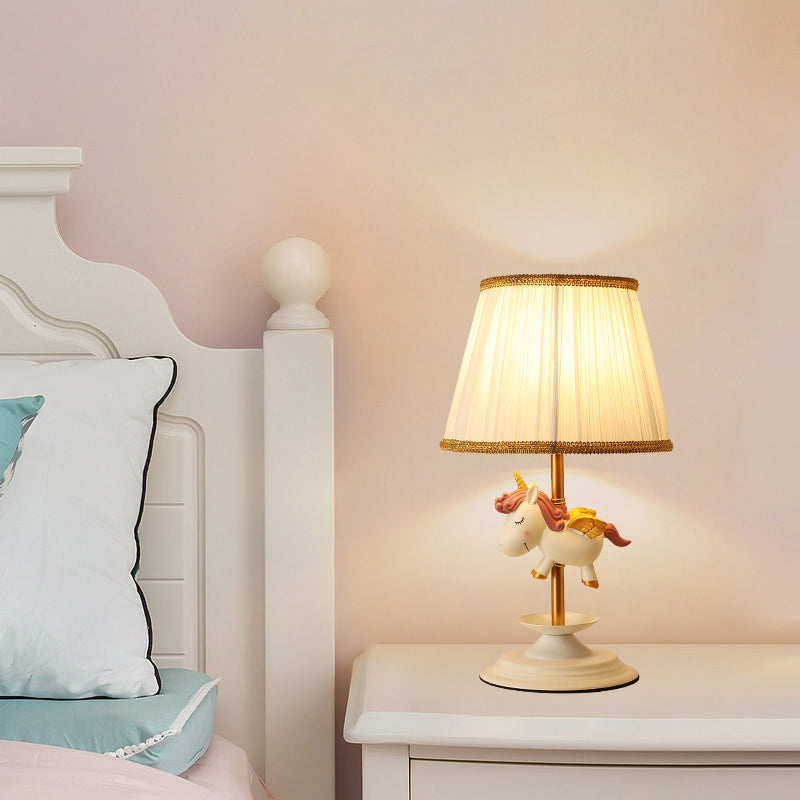Cartoon Tapered Table Light Pleated Fabric Single Bedside Nightstand Lighting with Decorative Figurine in White