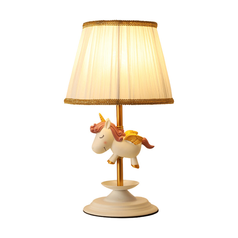 Cartoon Tapered Table Light Pleated Fabric Single Bedside Nightstand Lighting with Decorative Figurine in White