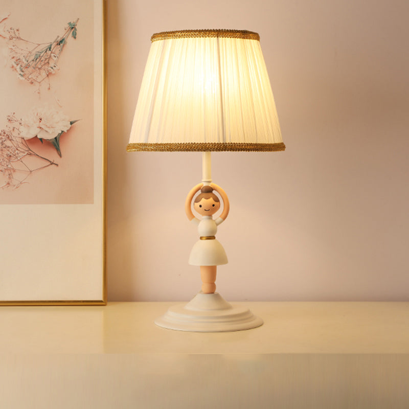 Cartoon Tapered Table Light Pleated Fabric Single Bedside Nightstand Lighting with Decorative Figurine in White