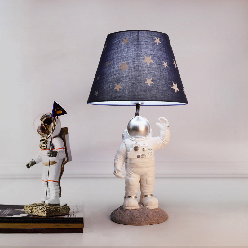 Cartoon Astronaut Table Lighting Resin Single Bedside Nightstand Lamp with Star Patterned Fabric Shade