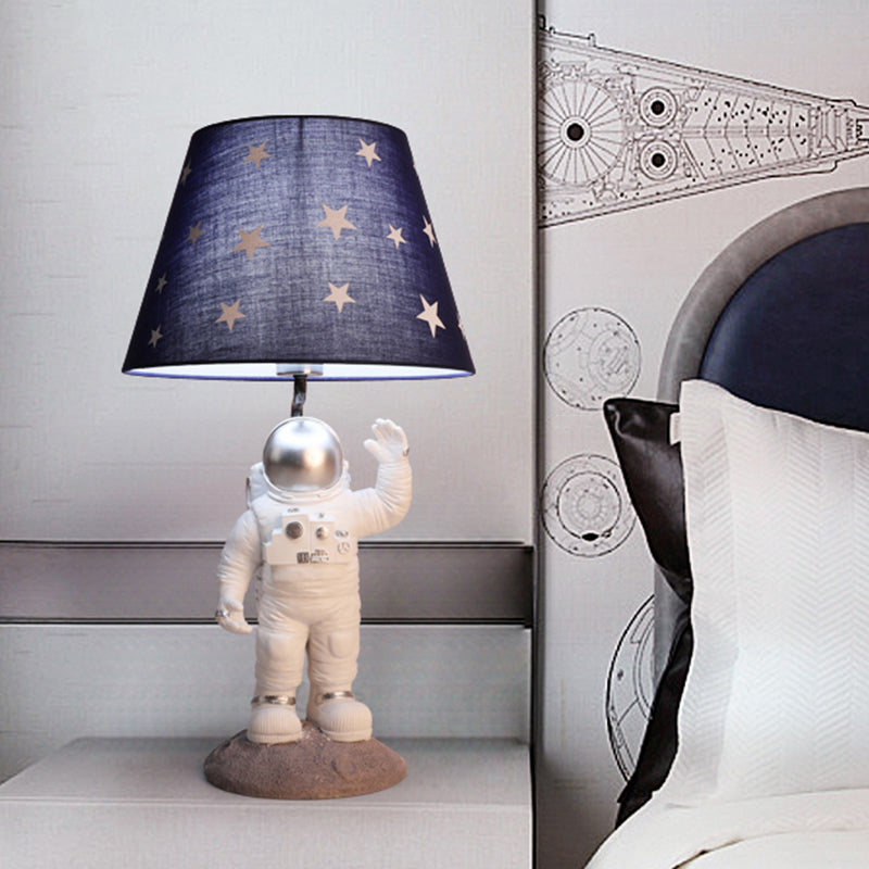 Cartoon Astronaut Table Lighting Resin Single Bedside Nightstand Lamp with Star Patterned Fabric Shade