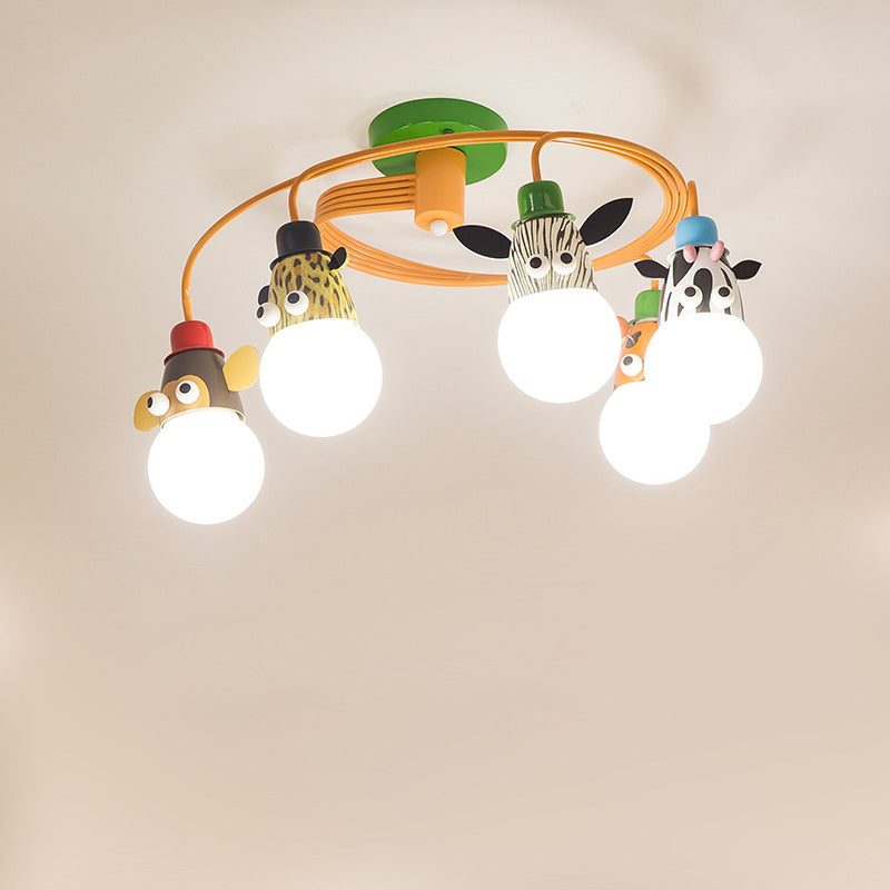Animal Socket Metallic Semi Flush Mount Kids Orange Ceiling Mounted Light for Kindergarten