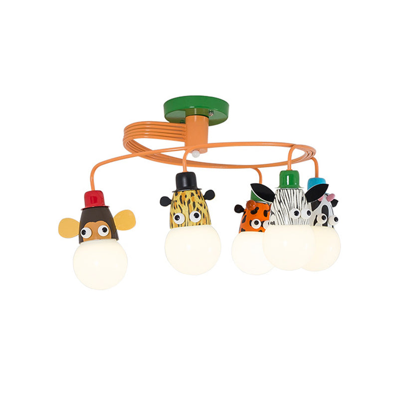 Animal Socket Metallic Semi Flush Mount Kids Orange Ceiling Mounted Light for Kindergarten