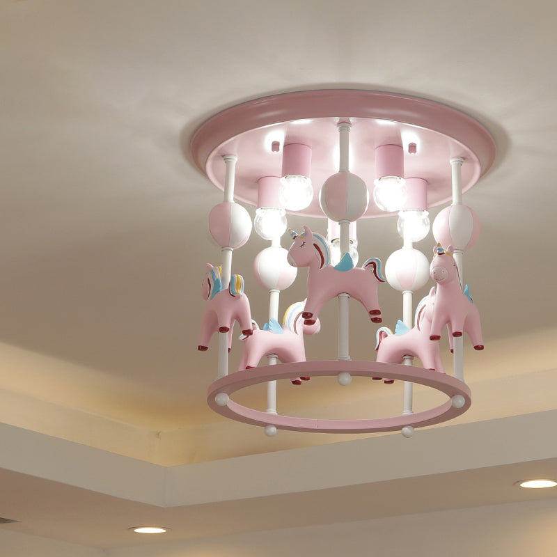 Cartoon Merry-Go-Round Semi Flush Resin 6 Heads Dormitorio Flush Lighting Lights