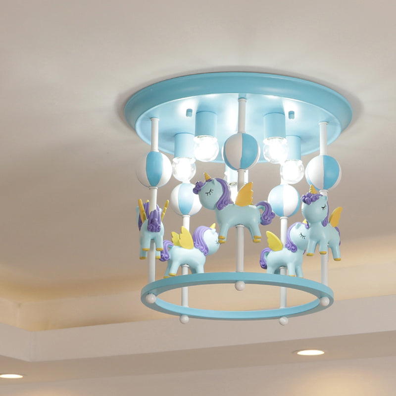 Cartoon Merry-Go-Round Semi Flush Resin 6 Heads Dormitorio Flush Lighting Lights