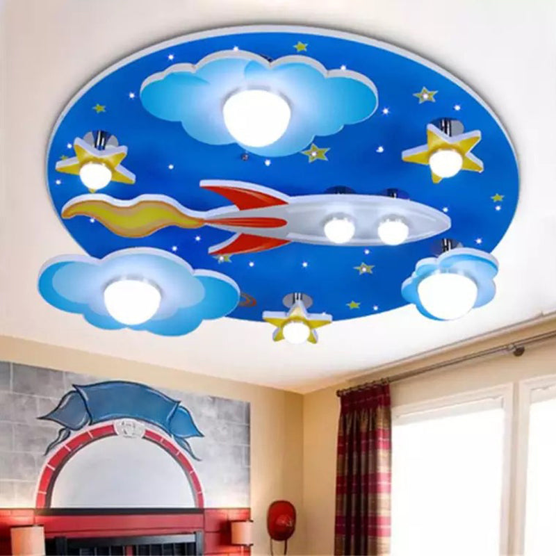 Wooden Rocket and Star Flush Mount Childrens 8 Bulbs Blue Flushmount Ceiling Light