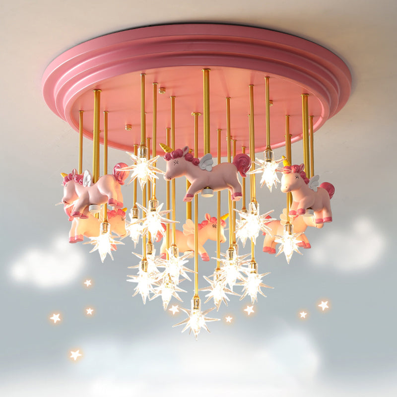 Childrens Star Shade Flush Mount Light Clear Glass Child Room LED Semi Flush Ceiling Light with Unicorn Decor