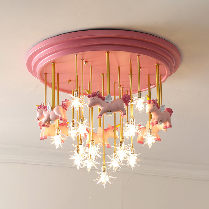 Childrens Star Shade Flush Mount Light Clear Glass Child Room LED Semi Flush Ceiling Light with Unicorn Decor