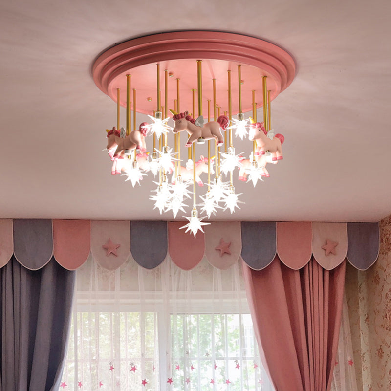 Childrens Star Shade Flush Mount Light Clear Glass Child Room LED Semi Flush Ceiling Light with Unicorn Decor