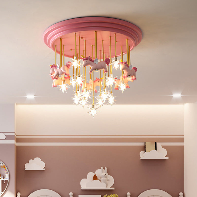 Childrens Star Shade Flush Mount Light Clear Glass Child Room LED Semi Flush Ceiling Light with Unicorn Decor