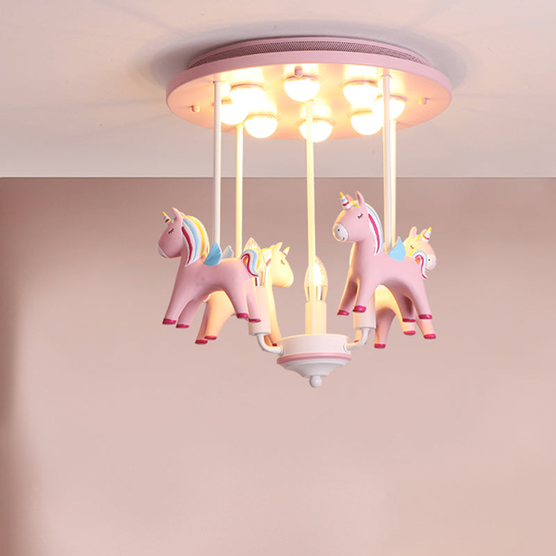 Plafonnier licorne arc-en-ciel en résine, 11 ampoules, luminaire Semi-affleurant pour chambre d'enfant
