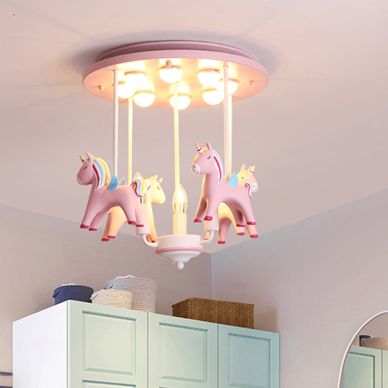 Plafonnier licorne arc-en-ciel en résine, 11 ampoules, luminaire Semi-affleurant pour chambre d'enfant