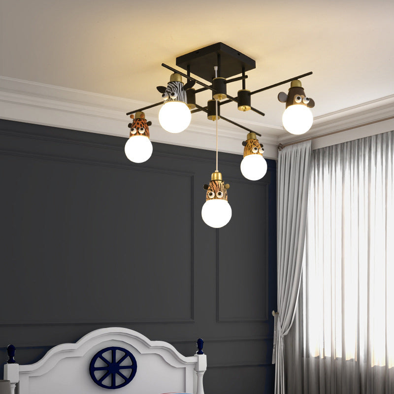 Animal Head Metal Semi Flush Kids Style Black Flush Ceiling Light Fixture for Bedroom
