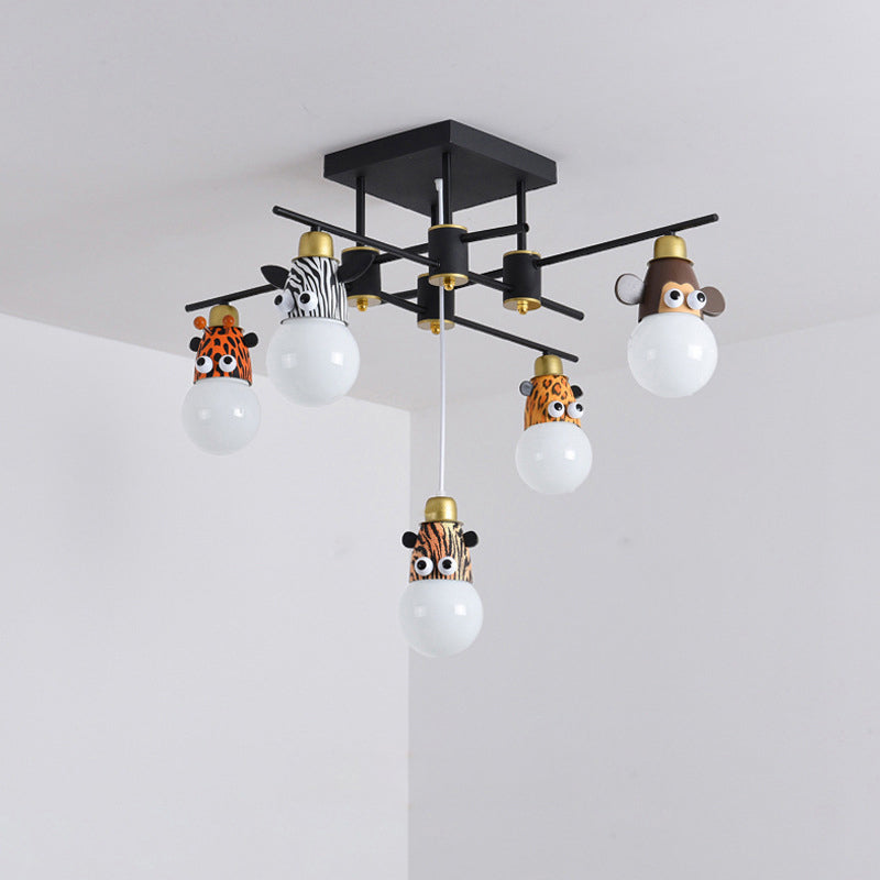 Animal Head Metal Semi Flush Kids Style Black Flush Ceiling Light Fixture for Bedroom