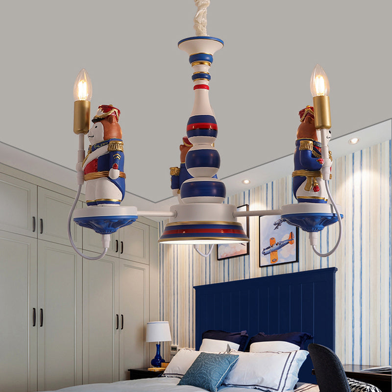 Cartoon Bear Soldier Suspension Light Resin Kindergarten Chandelier Lighting in Blue