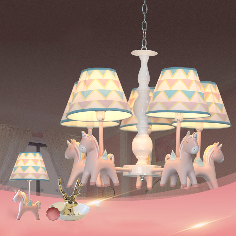 Ombra conica a sospensione della stanza per bambini in tessuto a motivi motivi per bambini Lumo lampadario con unicorno decorativo