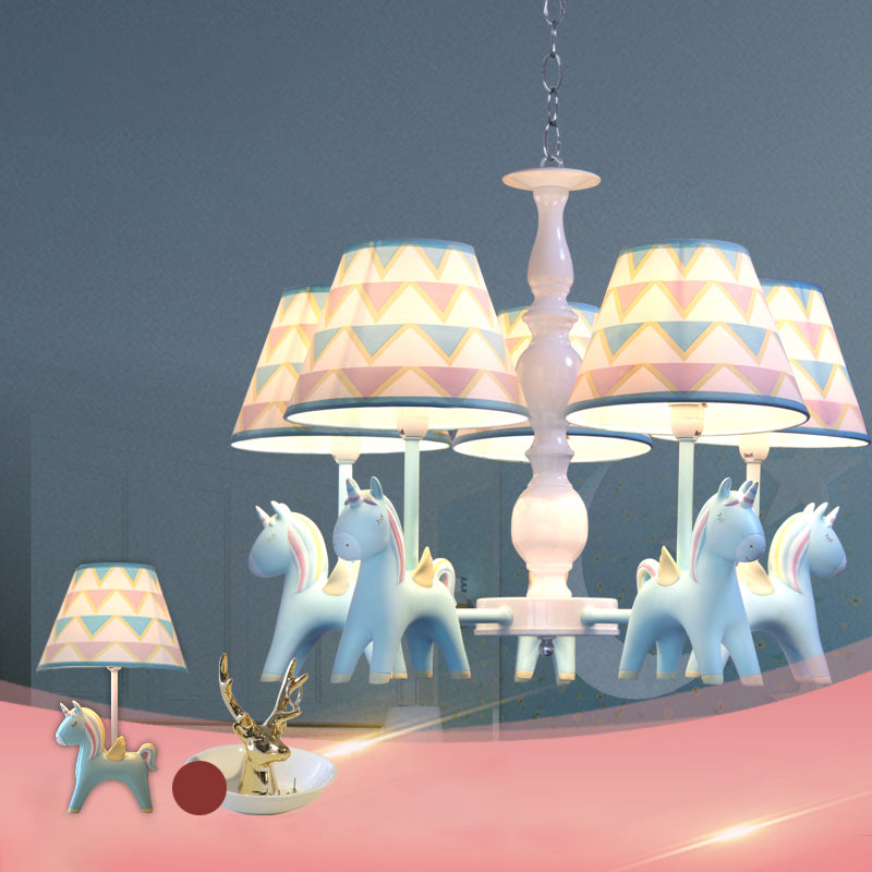 Ombra conica a sospensione della stanza per bambini in tessuto a motivi motivi per bambini Lumo lampadario con unicorno decorativo