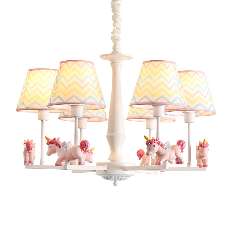 Patterned Fabric Tapered Chandelier Pendant Light Cartoon Pink Hanging Light with Unicorn Decor