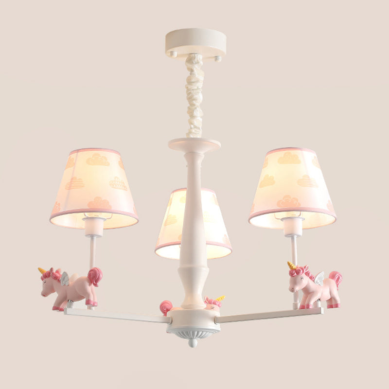 Patterned Fabric Tapered Chandelier Pendant Light Cartoon Pink Hanging Light with Unicorn Decor