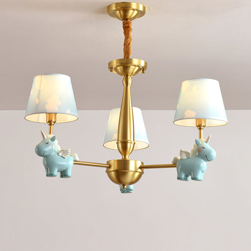 Kids Style Bucket Suspension Light Fabric Child Room Chandelier Light with Resin Unicorn