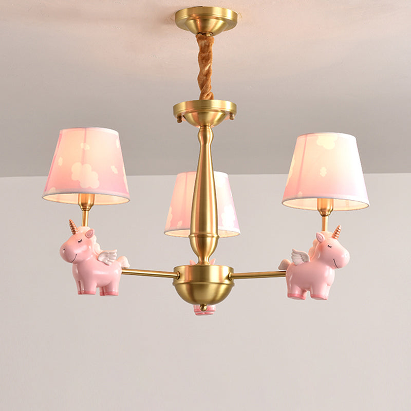 Kids Style Bucket Suspension Light Fabric Child Room Chandelier Light with Resin Unicorn