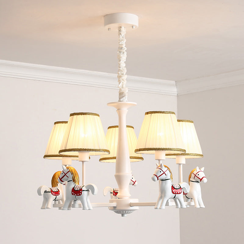 Pleated Fabric Tapered Ceiling Lighting Cartoon White Chandelier Light Fixture with Resin Horse