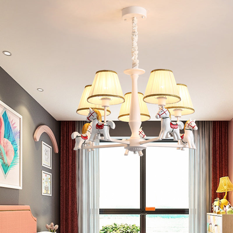 Pleated Fabric Tapered Ceiling Lighting Cartoon White Chandelier Light Fixture with Resin Horse