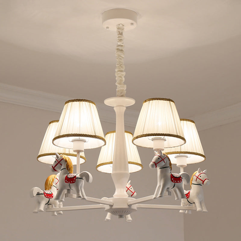 Pleated Fabric Tapered Ceiling Lighting Cartoon White Chandelier Light Fixture with Resin Horse