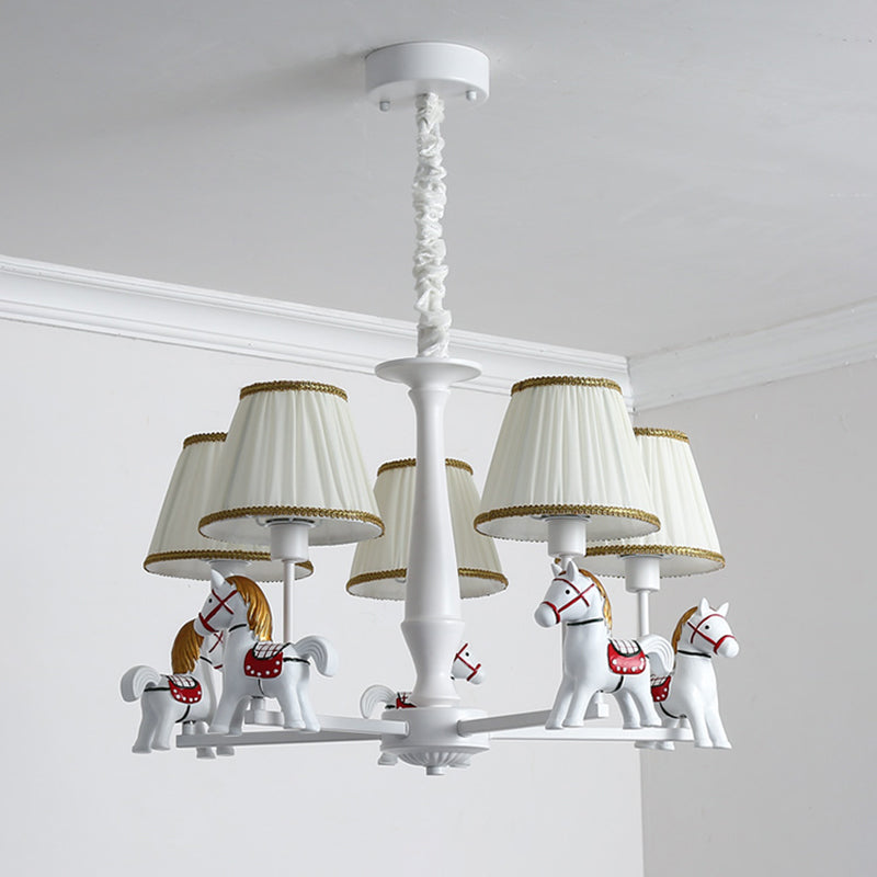 Pleated Fabric Tapered Ceiling Lighting Cartoon White Chandelier Light Fixture with Resin Horse