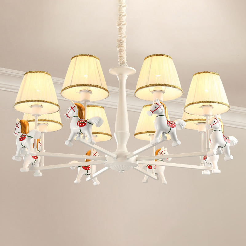 Pleated Fabric Tapered Ceiling Lighting Cartoon White Chandelier Light Fixture with Resin Horse