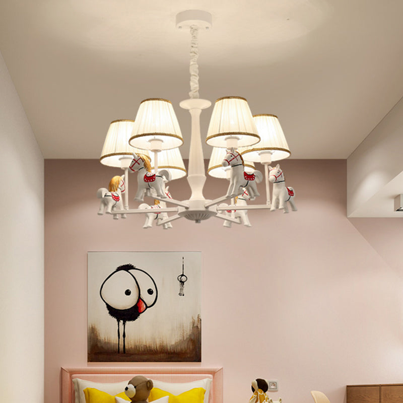 Pleated Fabric Tapered Ceiling Lighting Cartoon White Chandelier Light Fixture with Resin Horse