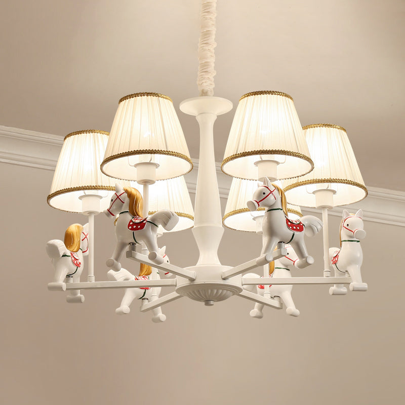 Pleated Fabric Tapered Ceiling Lighting Cartoon White Chandelier Light Fixture with Resin Horse