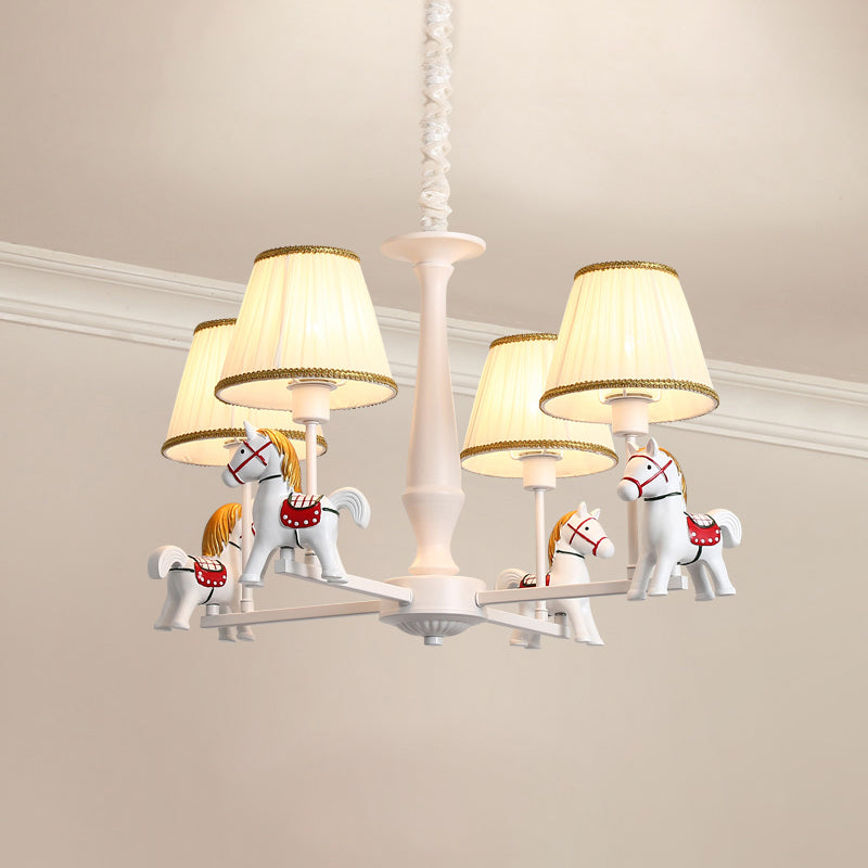 Pleated Fabric Tapered Ceiling Lighting Cartoon White Chandelier Light Fixture with Resin Horse