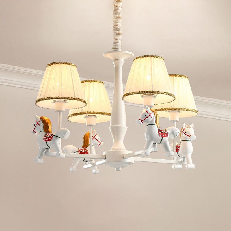 Pleated Fabric Tapered Ceiling Lighting Cartoon White Chandelier Light Fixture with Resin Horse