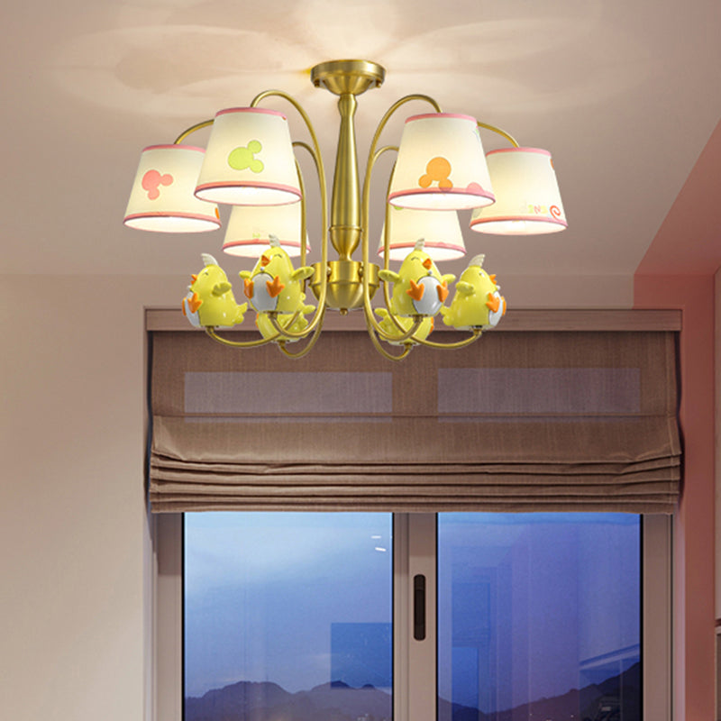 Patterned Fabric Tapered Chandelier Lighting Cartoon Gold Pendant Light with Resin Animal
