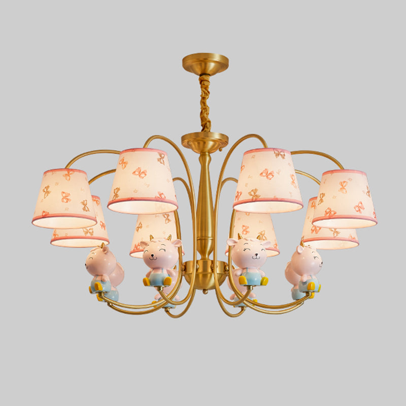 Animal Nursery Ceiling Lighting Resin Childrens Chandelier Light Fixture with Tapered Fabric Shade in Gold