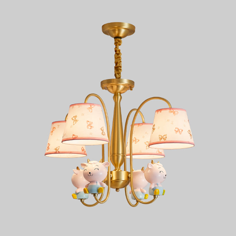 Animal Nursery Ceiling Lighting Resin Childrens Chandelier Light Fixture with Tapered Fabric Shade in Gold