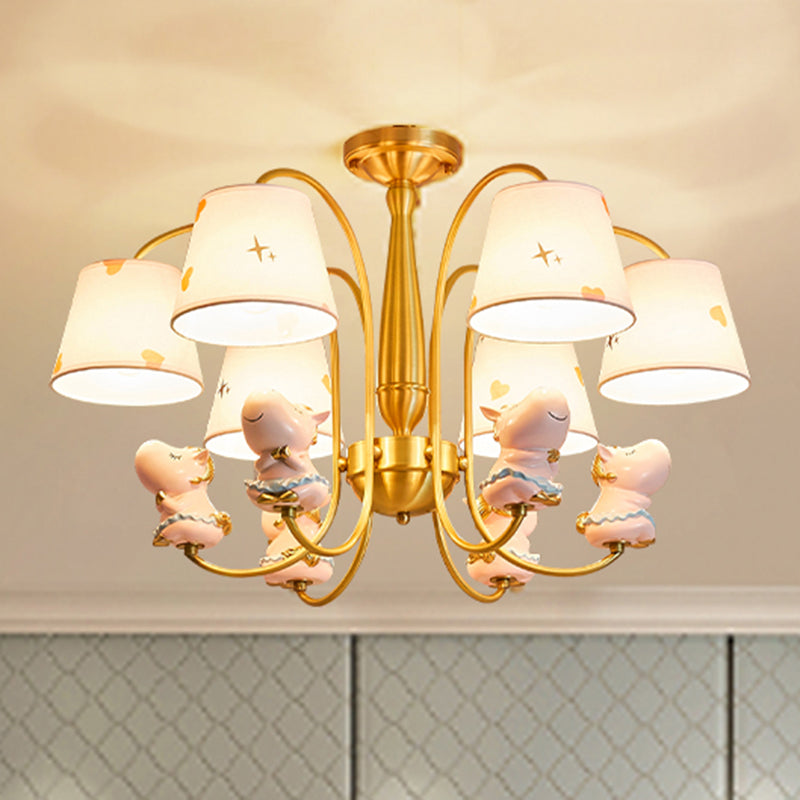 Animal Nursery Ceiling Lighting Resin Childrens Chandelier Light Fixture with Tapered Fabric Shade in Gold