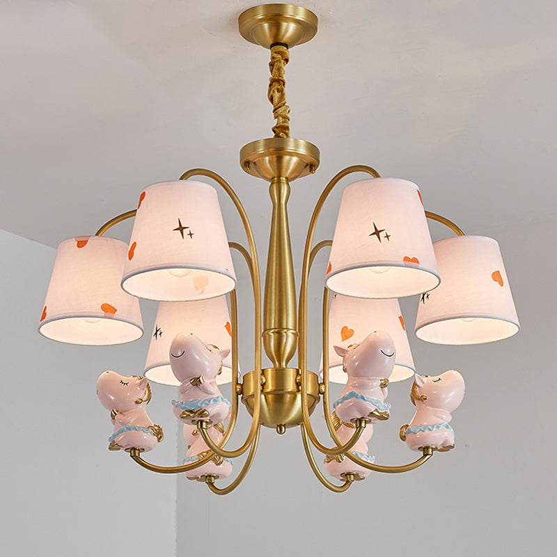 Animal Nursery Ceiling Lighting Resin Childrens Chandelier Light Fixture with Tapered Fabric Shade in Gold