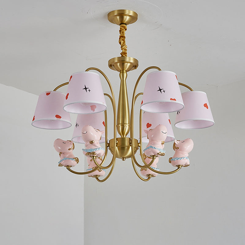Animal Nursery Ceiling Lighting Resin Childrens Chandelier Light Fixture with Tapered Fabric Shade in Gold