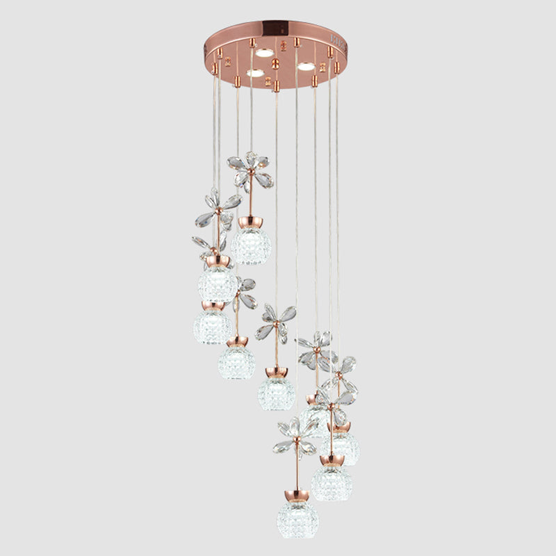 Floral Staircase Multi Light Pendant Crystal Modern LED Hanging Lighting with Dome Shade in Rose Gold