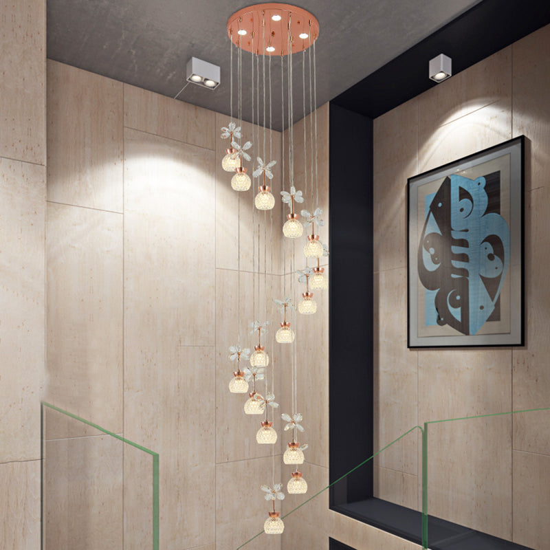 Floral Staircase Multi Light Pendant Crystal Modern LED Hanging Lighting with Dome Shade in Rose Gold