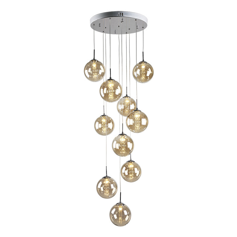 Round Shaded Staircase LED Hanging Lighting Glass Minimalist Multi Light Pendant