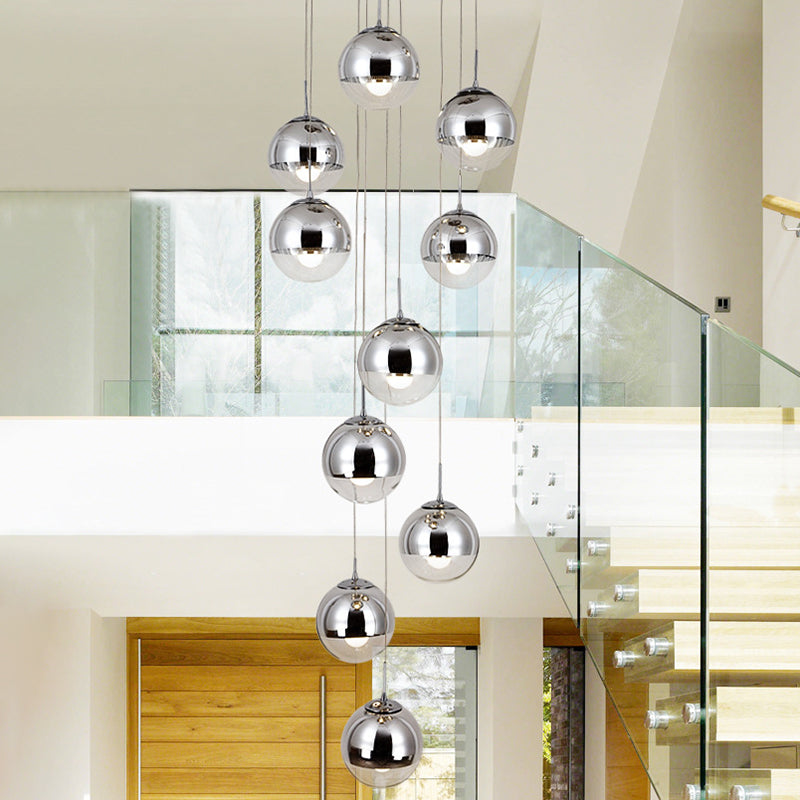 Mirrored Glass Round Shade Suspension Light Simplicity 10 Heads Multi Light Pendant