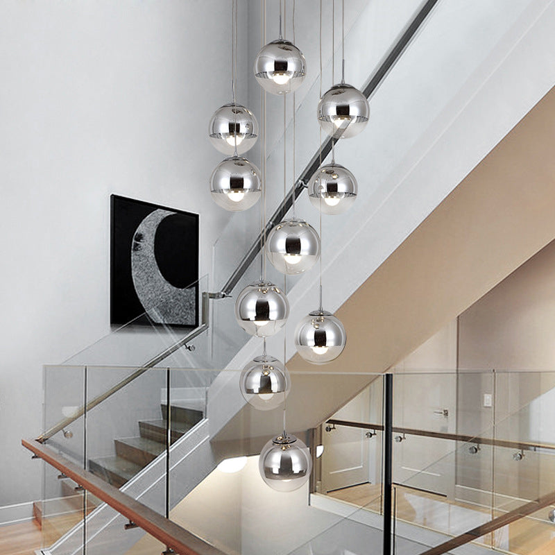 Mirrored Glass Round Shade Suspension Light Simplicity 10 Heads Multi Light Pendant